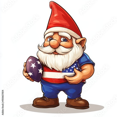 A charming gnome in a vibrant outfit clutches a miniature American football. Smiling broadly, the gnome wears a pointed hat, a curly beard, and oversized boots. The scene is lively and cartoon-like, photo