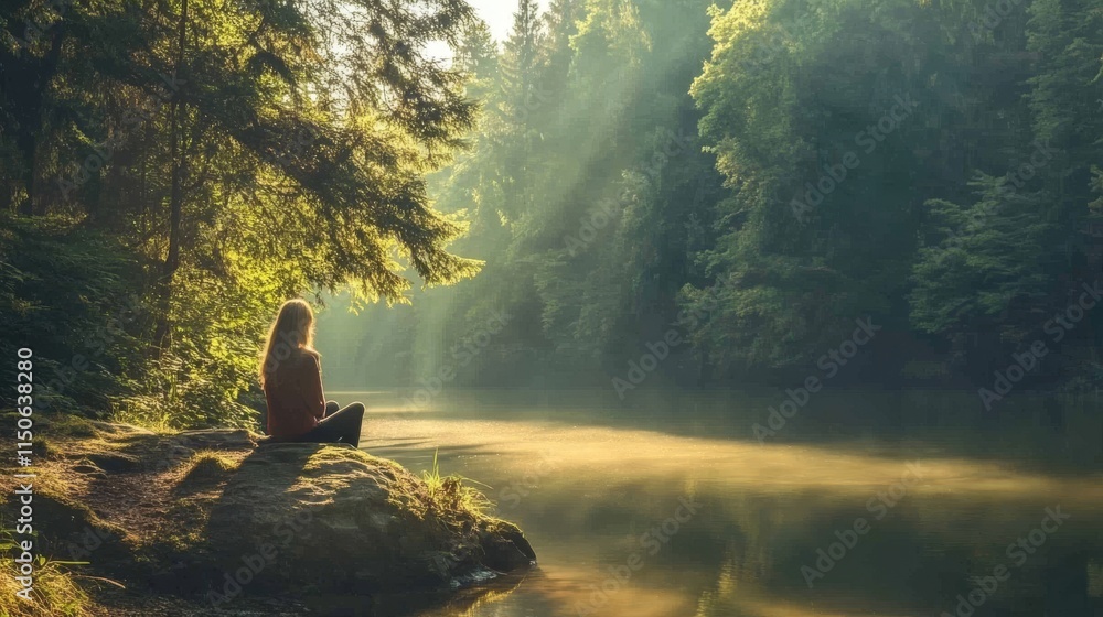 Tranquil forest scene with a peaceful lake and a woman immersed in nature. The sunlight casts a warm glow, creating a serene and harmonious atmosphere. Tranquil forest scene with a peaceful lake and a woman immersed in nature. The sunlight casts a warm glow, creating a serene and harmonious atmosphere.