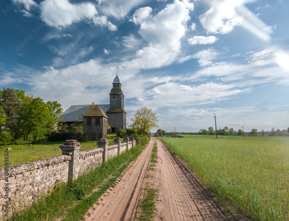 Old wooden catholic church in Nowe Dwory village (Kościół św. Jana Crzciciela in Nowe Dwory). Powiat czarnkowsko-trzcianecki, Wielkopolska, Poland