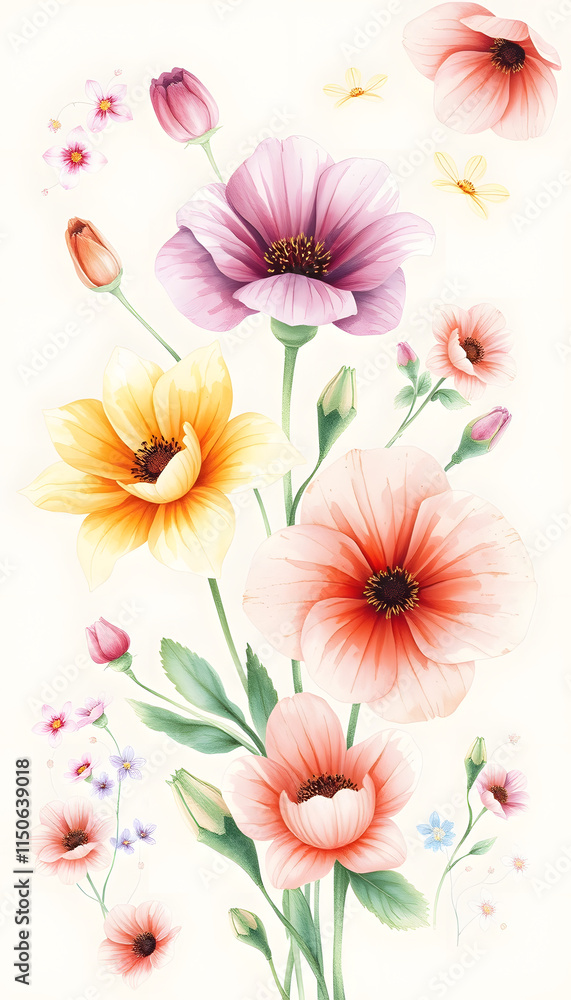 Fototapeta premium Flowers watercolor illustration.Manual composition.Big Set watercolor elements, grunge, with white tones