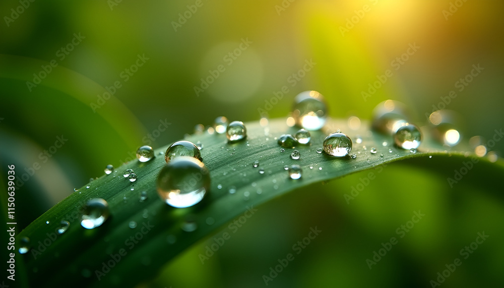 Macro shot of dew drops on green leaf, fresh morning mood Macro shot of dew drops on green leaf, fresh morning mood