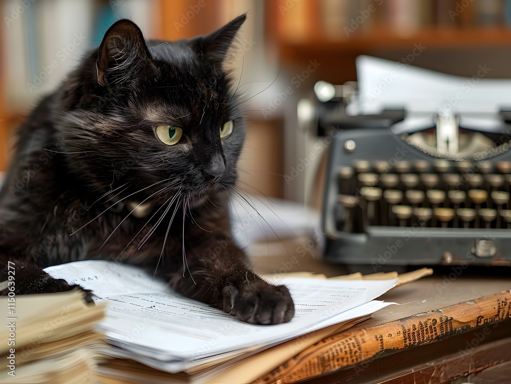 Black Feline Scribe A Cat Writing on a Miniature Typewriter in a Vintage Office Setting Black Feline Scribe A Cat Writing on a Miniature Typewriter in a Vintage Office Setting