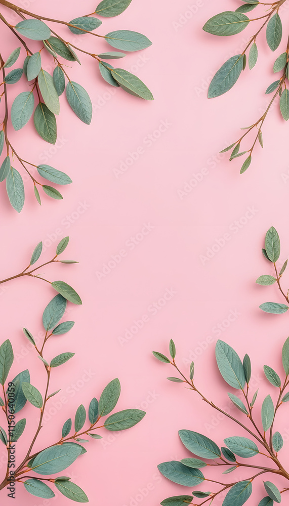 Obraz premium Eucalyptus leaves and branches on pastel pink background. Eucalyptus branches pattern. Flat lay, top view, copy space, banner, graphic novel art, with white tones