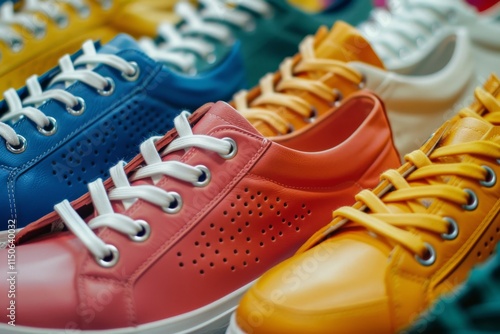 A row of trendy sneakers in different colors in a store shop. Modern Footwear Trends. Stylish Converse shoes. Sports and casual clothing style. Summer, spring fashion. Fitness, Running sport. Shopping photo