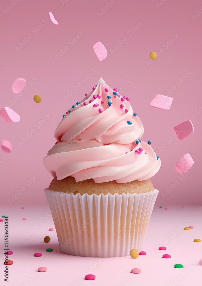 A pink cupcake with sprinkles and marshmallows on top A pink cupcake with sprinkles and marshmallows on top