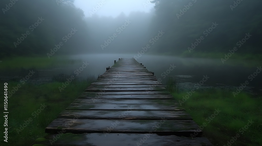 Wooden Dock Extending into Misty Lake Wooden Dock Extending into Misty Lake