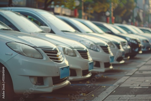 Dealer New Cars Stock. Cars For Sale Lot. Rear view of new luxury white car parked in a row. Selective focus on white shiny car. Car dealership concept. Automotive industry sanction crisis concept. photo