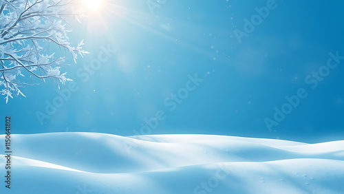 Panoramic abstract blue background for product presentation with sunlight and blurred shadows wall. Winter background.