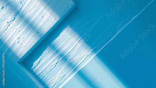 Panoramic abstract blue background for product presentation with sunlight and blurred shadows wall. Winter background.
