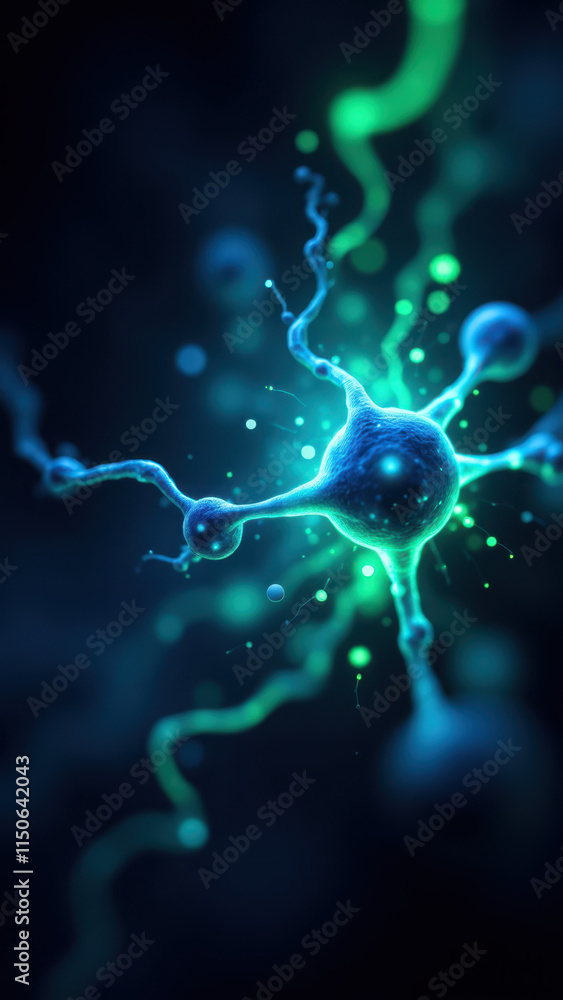 Obraz premium Neurons with a glowing nucleus, possibly representing brain activity or neurotransmitters, such as Semaglutide.