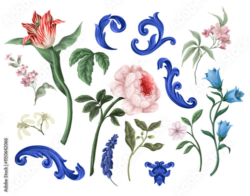 Victorian vintage flowers and baroque elements isolated. Vector.