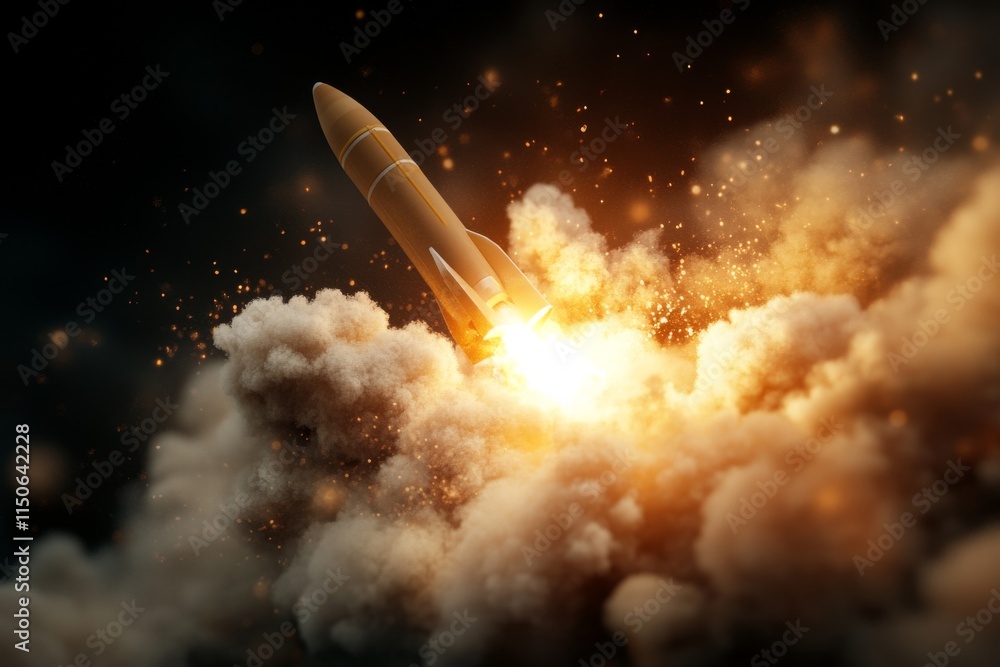 Rocket launches into the night sky, illuminating the darkness with explosive flames and vibrant smoke clouds Rocket launches into the night sky, illuminating the darkness with explosive flames and vibrant smoke clouds
