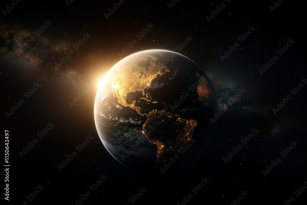 Fototapeta premium Earth illuminated by sunrise, highlighting continents and city lights from space at dawn