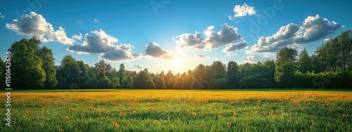 Sunlit field of orange wildflowers bordered by a lush forest.