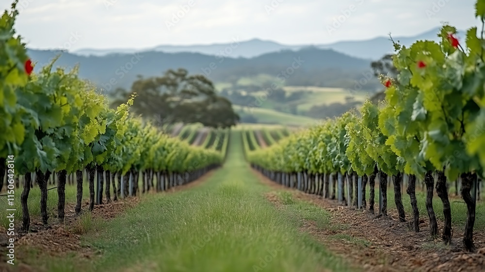 Naklejka premium Vineyard Rows Stretching Towards Distant Hills