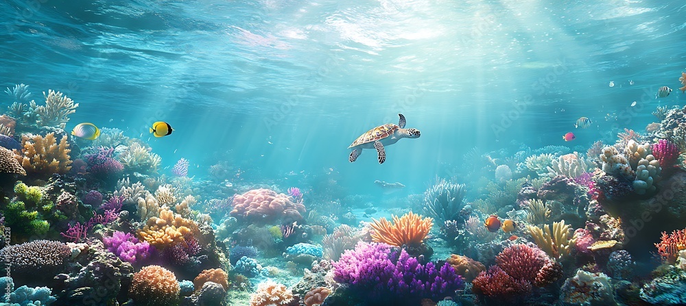 Obraz premium A vibrant coral reef with colorful fish swimming among the corals, sunlight streaming through the clear blue water, and a sea turtle gliding by