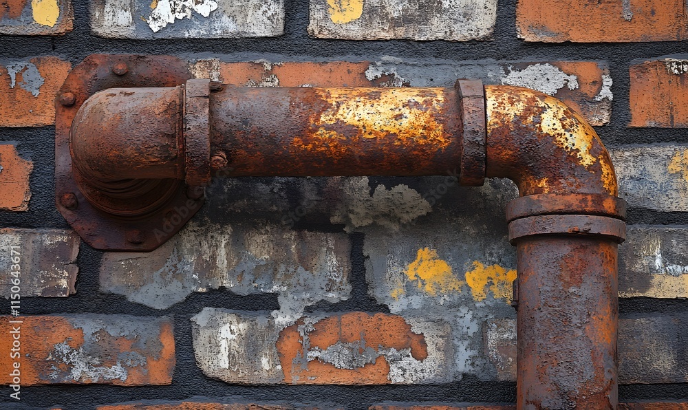 An old brick wall with rusty metal elements, like an old pipe or bracket An old brick wall with rusty metal elements, like an old pipe or bracket