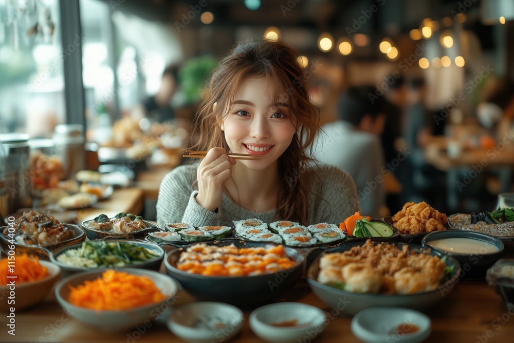 Smiling woman enjoying sushi and assorted dishes in a vibrant restaurant. Smiling woman enjoying sushi and assorted dishes in a vibrant restaurant.