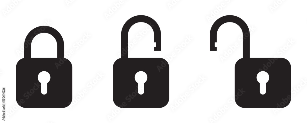 Padlock icon, security icon. Black locked unlocked padlock icon. Padlock icon, security icon. Black locked unlocked padlock icon.