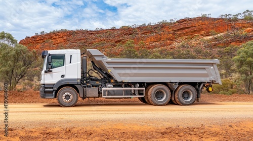 A side view of a dump truck on a dirt road with a rocky landscape in the background. photo