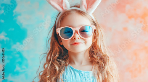 Joyful easter celebration: portrait of a happy girl in bunny ears headband and sunglasses