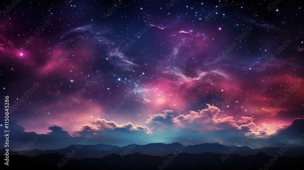 Celestial Night Landscape: A Serene Starry Night over Mountains Celestial Night Landscape: A Serene Starry Night over Mountains