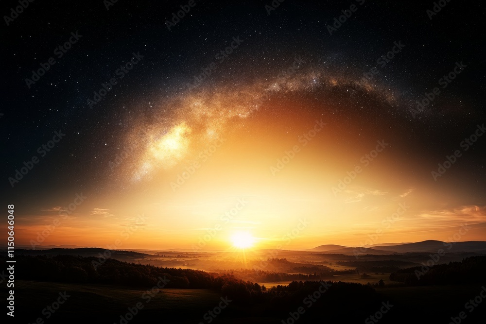 Vibrant sunrise over misty hills with twinkling stars illuminating the sky Vibrant sunrise over misty hills with twinkling stars illuminating the sky