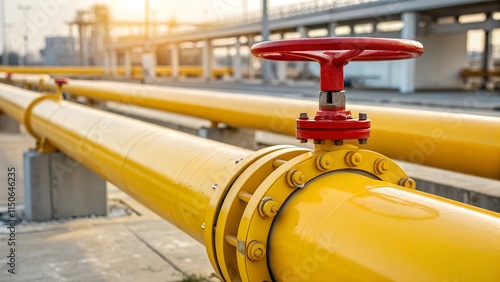 A close-up view of a bright yellow industrial gas pipeline with a red valve, surrounded by an outdoor industrial environment