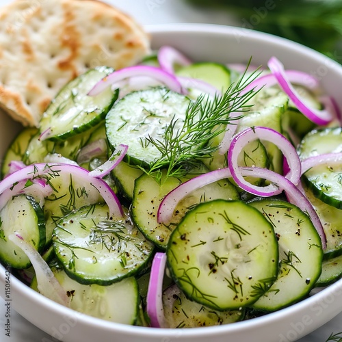 A light and refreshing cucumber salad with thinly sliced cucumbers, red onions, and a dill vinaigrette