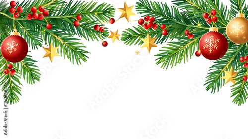 Border with green fir branches, red balls, berries, gold lights and stars isolated on transparent background. Pine, xmas evergreen plants seamless banner. Vector Christmas tree garland decoration