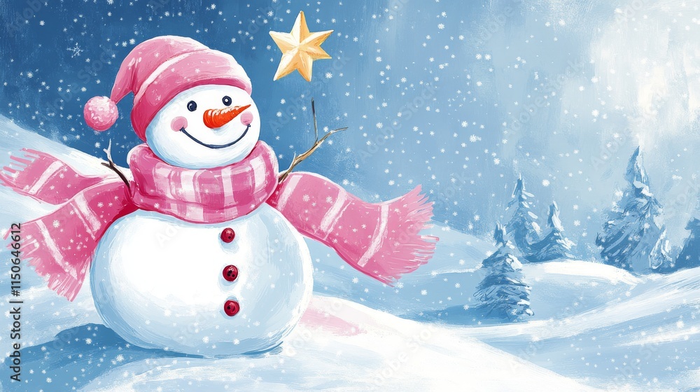 Watercolor Christmas Snowman and Star Characters in Winter Scene - Festive Holiday Clip Art for Seasonal Designs