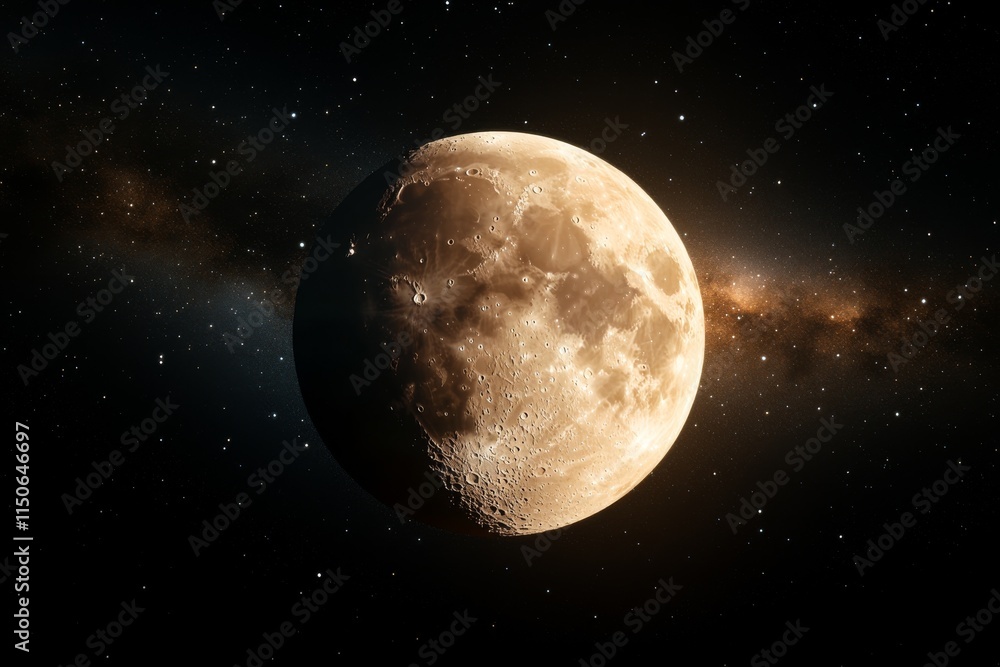 Obraz premium Bright full moon illuminates the night sky amidst distant stars and galaxies