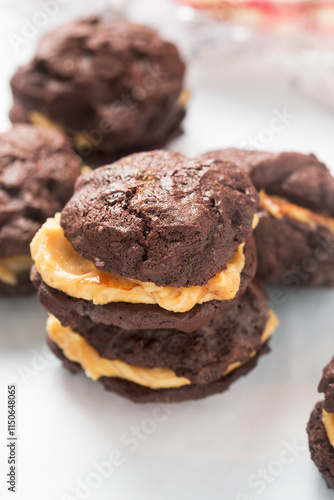 Soft brownie cookies with peanut butter cream filling 
