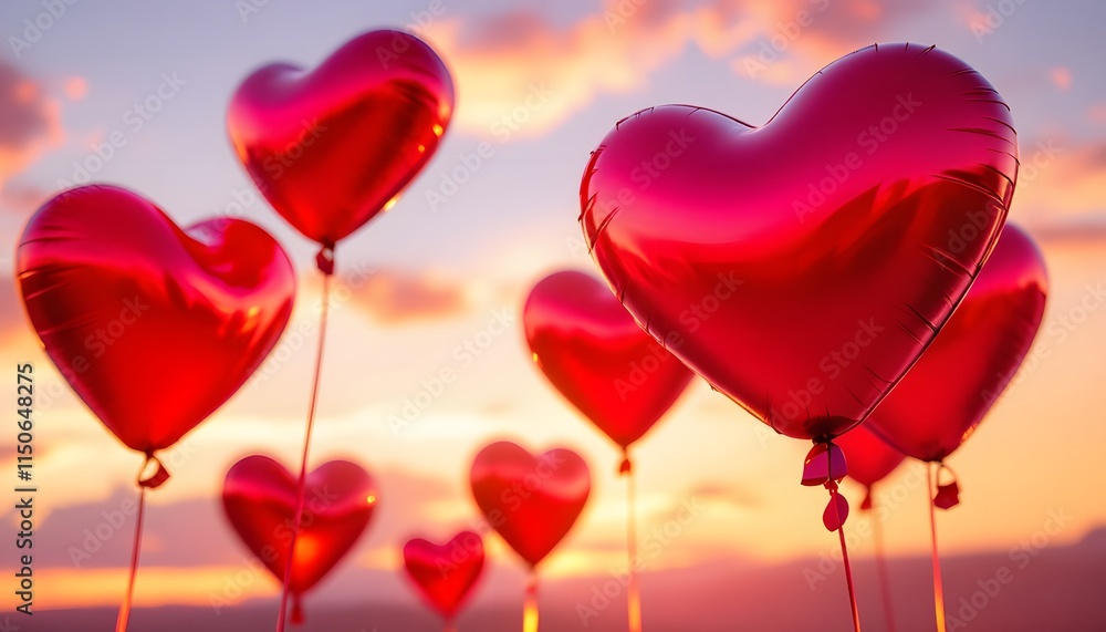 Beautiful Sunset Scene with Heart Balloons in the Sky Beautiful Sunset Scene with Heart Balloons in the Sky