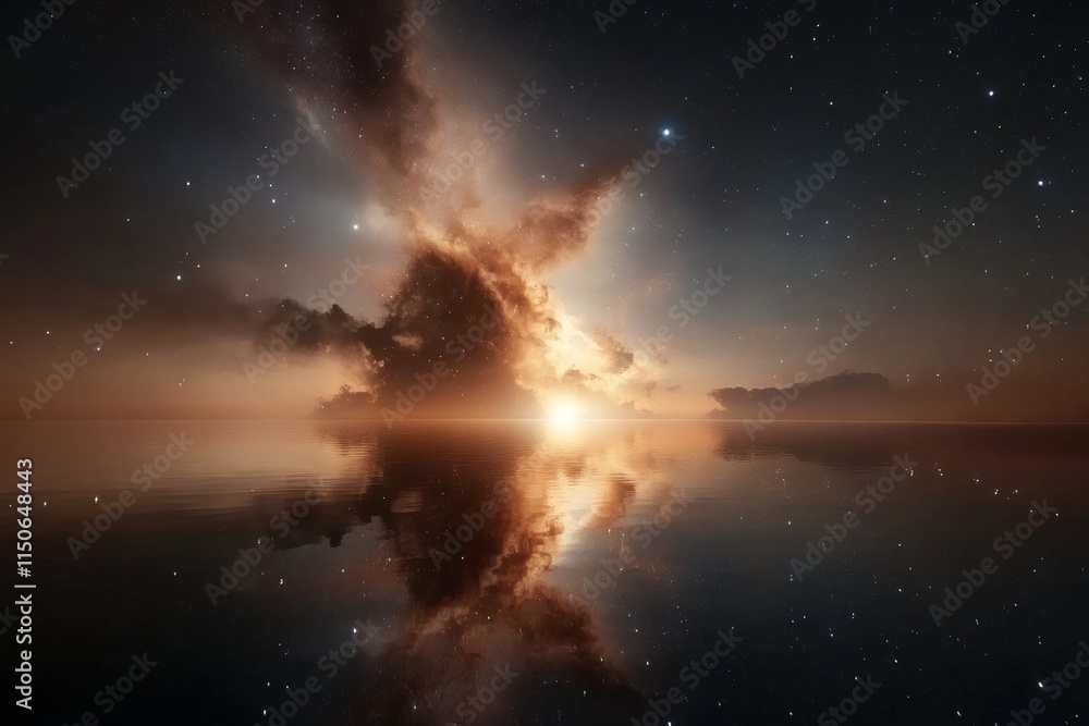 Fototapeta premium Vivid celestial landscape showcases a stunning cosmic explosion over tranquil waters at dawn