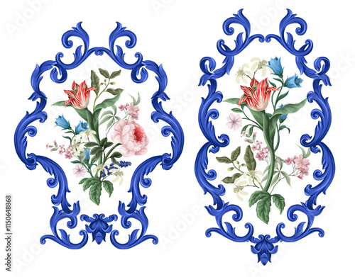 Victorian vintage flowers and baroque elements isolated. Vector.