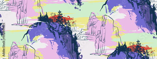 landscape cliff bay sea nature 
 japanese chinese vector design seamless pattern