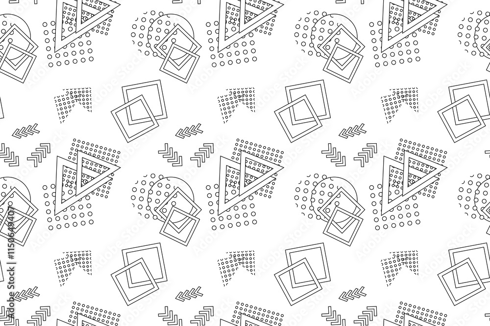 Black-and-white seamless pattern with geometric shapes, including triangles, squares, arrows, and circles. Designed for children s coloring pages or abstract-themed designs. Black-and-white seamless pattern with geometric shapes, including triangles, squares, arrows, and circles. Designed for children s coloring pages or abstract-themed designs.