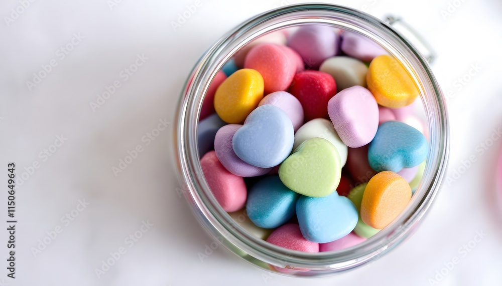 Glass Jar Filled with Colorful Heart Candies Glass Jar Filled with Colorful Heart Candies