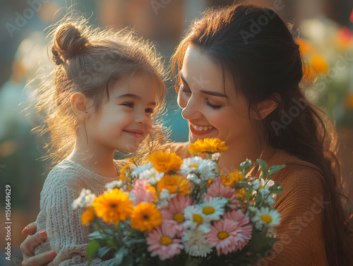 A loving mother and her young daughter smiling gently while surrounded by colorful wildflowers in soft evening sunlight
