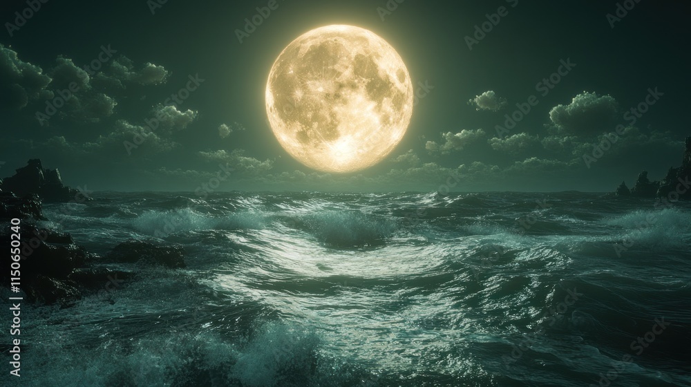 A luminous full moon illuminates turbulent ocean waves under a cloudy night sky. A luminous full moon illuminates turbulent ocean waves under a cloudy night sky.