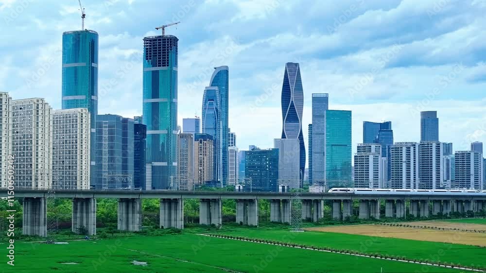 Aerial shot of buildings with skyline and train in modern city in Hangzhou, China Aerial shot of buildings with skyline and train in modern city in Hangzhou, China