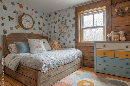 Chambre d’Enfant Fantaisie avec Tapisserie Vinyle aux Illustrations Animales Colorées, Cadre de Lit en Bois Récupéré Peint en Bleu Ciel, Commode Vintage Restaurée avec Tiroirs Multicolores photo