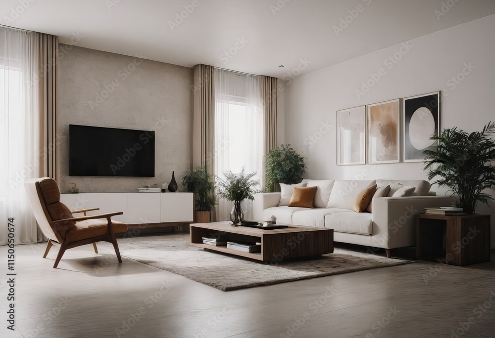 Fototapeta premium A cozy living room that features white furniture along with a flat screen TV