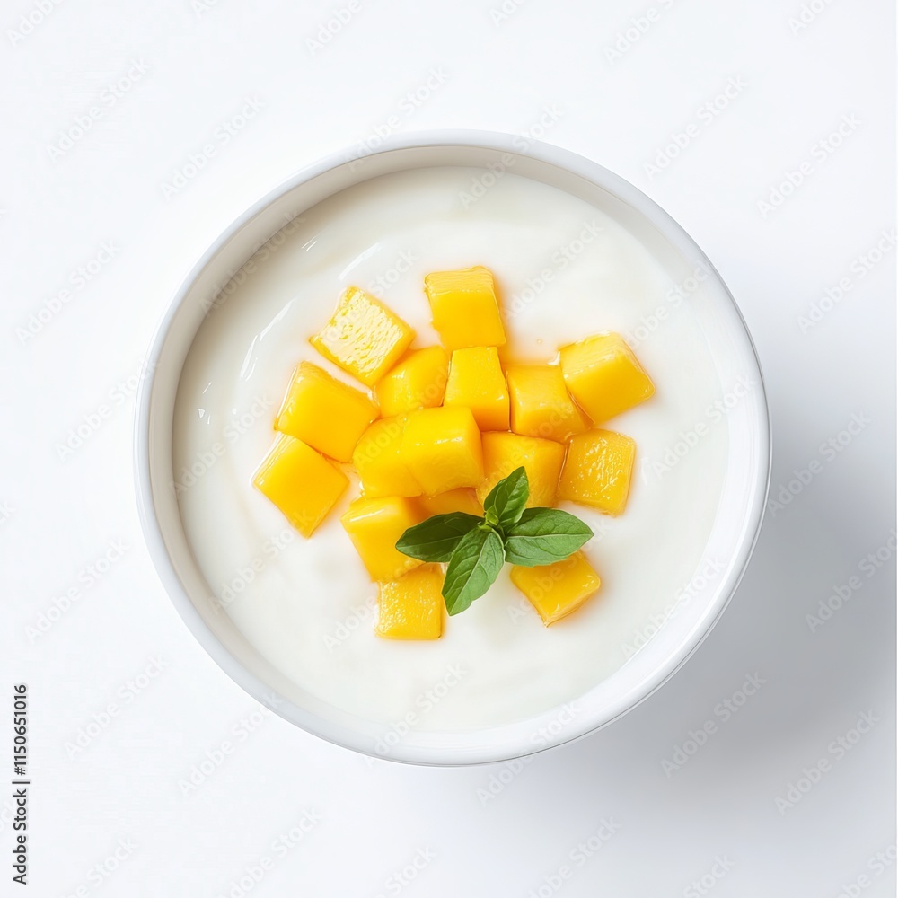 A minimalist bowl of plain Greek yogurt topped with a few fresh mango cubes and a light drizzle of honey, served in a simple white ceramic bowl, Greek yogurt centered A minimalist bowl of plain Greek yogurt topped with a few fresh mango cubes and a light drizzle of honey, served in a simple white ceramic bowl, Greek yogurt centered
