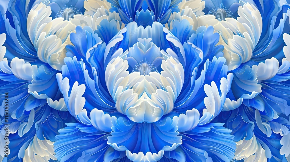 Blue and white vector pattern of symmetrical flowers Blue and white vector pattern of symmetrical flowers