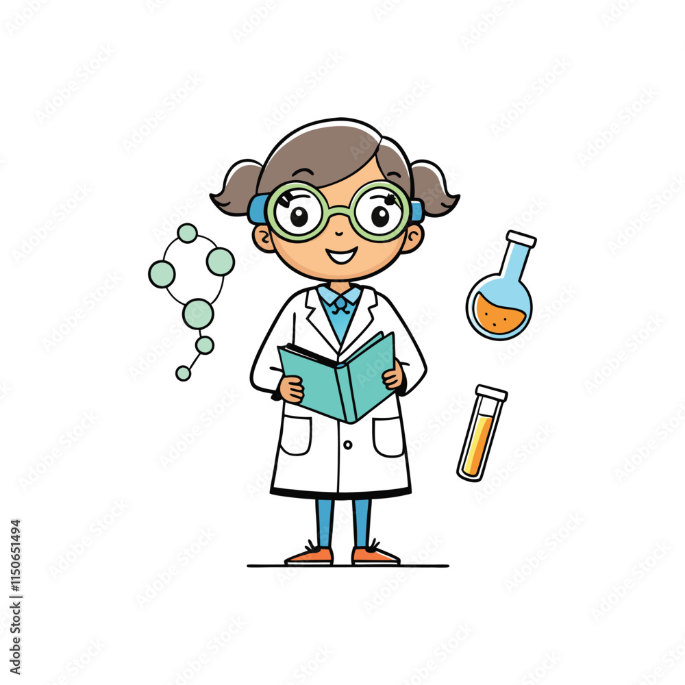 A little and cute scientist and teacher character girl cartoon and sticker type art illustration A little and cute scientist and teacher character girl cartoon and sticker type art illustration
