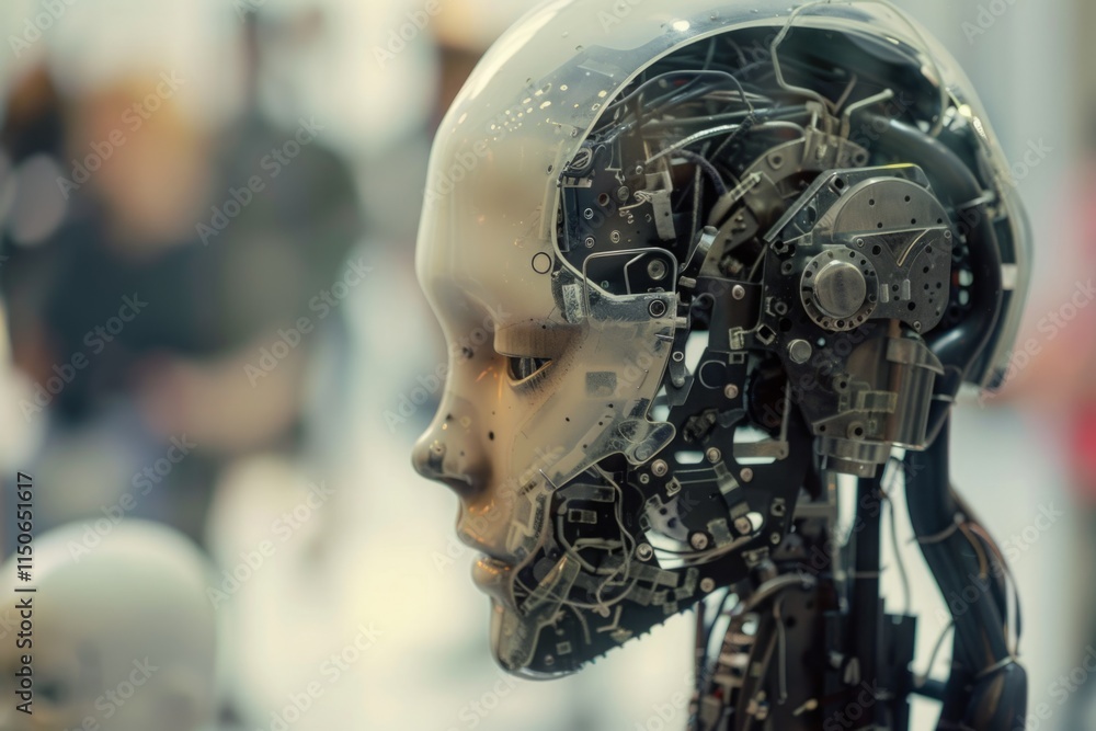 A woman's head with a robotic face and a red eye A woman's head with a robotic face and a red eye