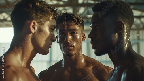 The three athletes share a moment of unity, shirtless, in high definition, reflecting their strong bond and mutual motivation