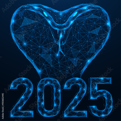 Happy New Year 2025 to the snake. Cobra over the numbers. Polygonal design of lines and dots. Blue background.